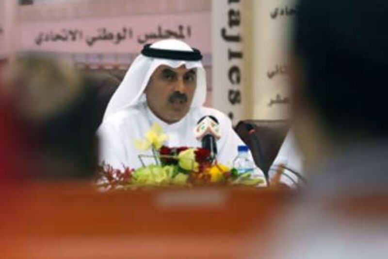Abdul Aziz al Ghurair, Speaker of the Federal National Council, takes questions during a press conference in Abu Dhabi.