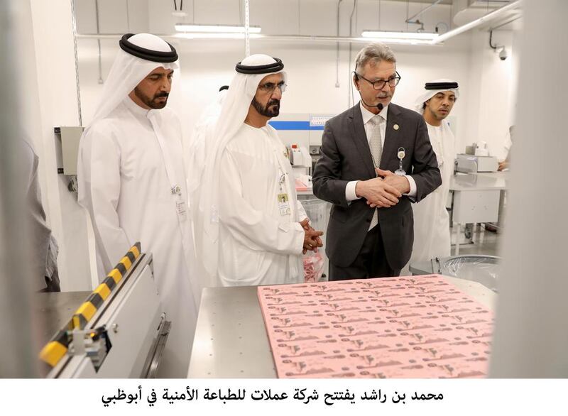 Sheikh Mohammed bin Rashid, Vice President and Ruler of Dubai, on Saturday, opens Oumolat Security Printing, a banknote printing company in Khalifa Industrial Zone Abu Dhabi. Wam