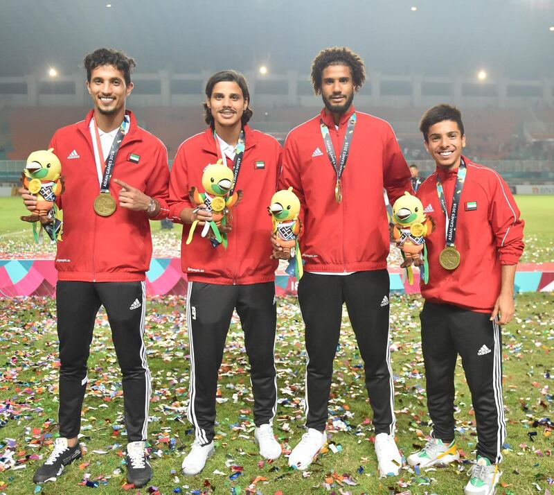 <p>UAE celebrate their 4-3 penalty shoot-out win over Vietnam to win the bronze medal match at the 2018 Asian Games. Courtesy UAE FA</p>
