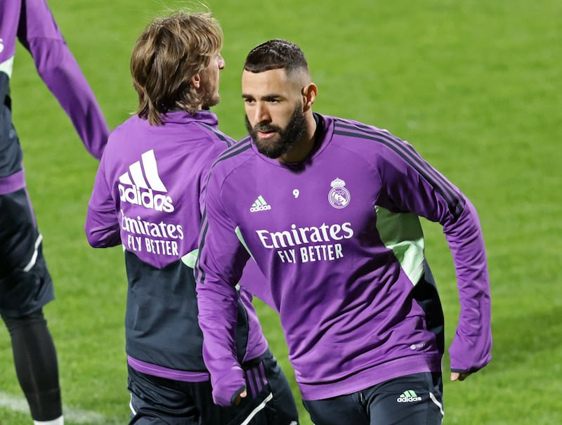 Real Madrid's Karim Benzema and Luka Modric during training. Reuters