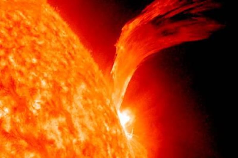 This image provided by NASA shows a solar flare just as sunspot 1105 was turning away from Earth on Sept. 8, 2010 the active region erupted, producing a solar flare and a fantastic prominence. The eruption also hurled a bright coronal mass ejection into space. The eruption was not directed toward any planets. (AP Photo/NASA) *** Local Caption ***  NY110_Solar_Flare.jpg