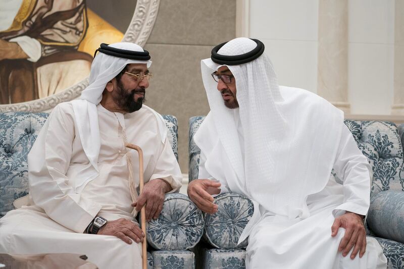 ABU DHABI, UNITED ARAB EMIRATES - January 29, 2018: HH Sheikh Mohamed bin Zayed Al Nahyan, Crown Prince of Abu Dhabi and Deputy Supreme Commander of the UAE Armed Forces (R) and HH Sheikh Tahnoon bin Mohamed Al Nahyan, Ruler's Representative in Al Ain Region (L), receive mourners who are offering condolences on the passing of HH Sheikha Hessa bint Mohamed Al Nahyan, at Mushrif Palace.

( Mohamed Al Hammadi / Crown Prince Court - Abu Dhabi )
---
