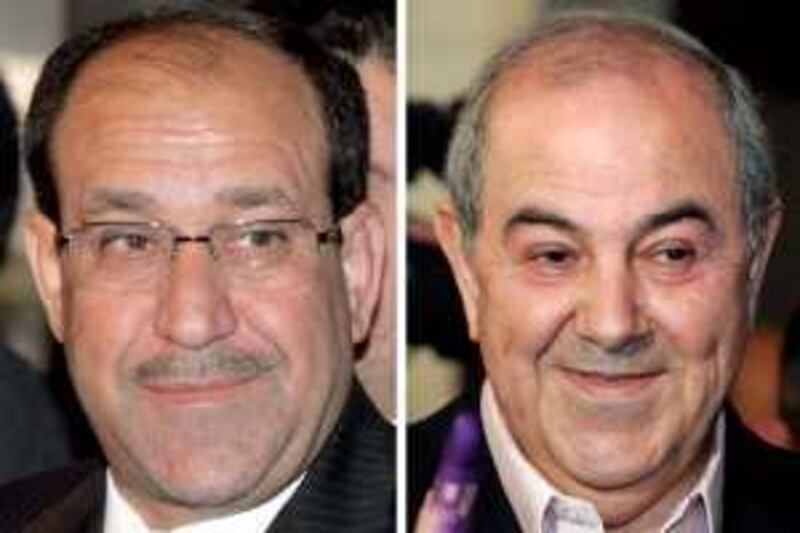 epa02088852 The composite file photos dated 07 March 2010 shows Iraq's Prime Minister Nuri al-Maliki (L) and Ijad Allawi, leader of Al-Irakija party coalition in Baghdad, Iraq. Being in fear of loosing his majority, Al Maliki wants to force the election commission to recount the votes. The official results of the election held on 07 March will be announced on 26 March 2010. So far 90 per cent of votes have been counted, but it remains unclear which candidate won the majority.  EPA/ALI ABBAS *** Local Caption ***  02088852.jpg