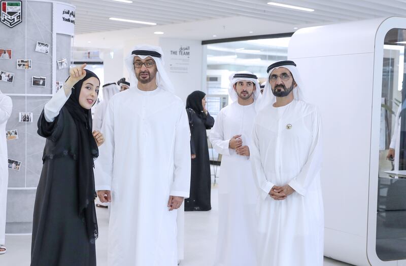 Sheikh Mohammed bin Rashid, Sheikh Mohammed bin Zayed, Sheikh Hamdan bin Mohammed and Shamma Al Mazrui tour the Youth Hub on Sunday. Wam