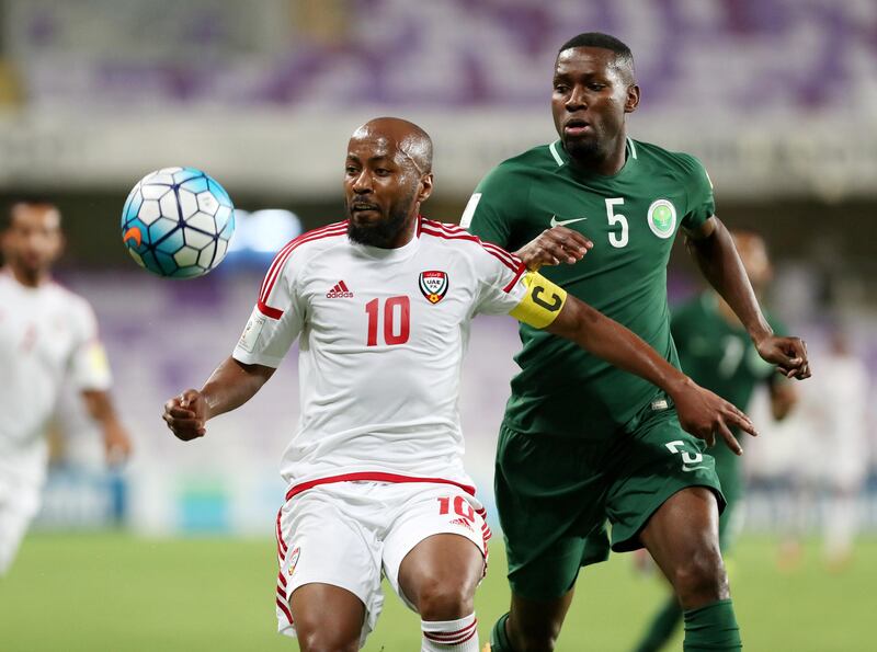 Al Ain, United Arab Emirates - August 29th, 2017: UAE's Ismail Matar and Saudi's Omar Ibrahim Othman during the World Cup qualifying game between UAE v Saudi Arabia. Tuesday, August 29th, 2017 at Hazza Bin Zayed Stadium, Al Ain. Chris Whiteoak / The National