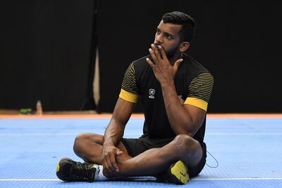 In this photograph taken on August 27, 2019, India's Siddharth Desai of the Telugu Titans reacts as he speaks with an AFP reporter after a training session ahead of a Pro Kabaddi League (PKL) match, at Thyagaraj Sports Complex in New Delhi. The ancient sport of kabaddi has undergone a glitzy makeover through the Pro Kabaddi League (PKL), creating a new group of sports stars in a country traditionally obsessed with cricket. - To go with 'KABADDI-IND-INDIA,FOCUS' by Faisal KAMAL
 / AFP / Sajjad HUSSAIN / To go with 'KABADDI-IND-INDIA,FOCUS' by Faisal KAMAL
