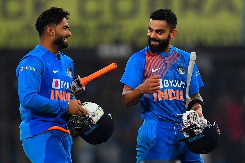 India captain Virat Kohli, right with teammateate Rishabh Pant after winning the second T20 international match against Sri Lanka. AFP