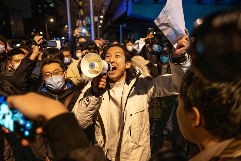 Demonstrators in Beijing. Protesters blame the deaths in Urumqi on strict Covid restrictions on leaving buildings. The authorities deny this. Bloomberg