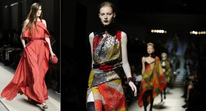 The fluid, semi-draped look from Bottega (left) and Missoni's patchwork parade.