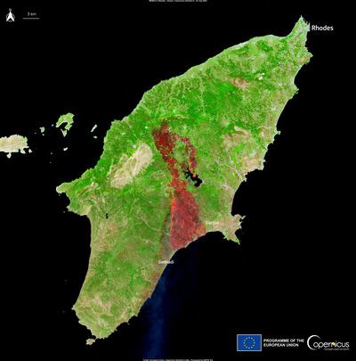 A satellite image shows the areas affected by fires on the Greek island of Rhodes. Reuters