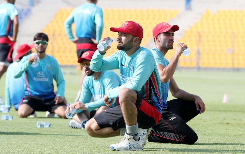 ABU DHABI ,  UNITED ARAB EMIRATES , AUGUST 22 – 2019 :- Rashid Khan, captain of the Afghanistan cricket team during the training ahead of their tour to Bangladesh at the Zayed Cricket Stadium in Abu Dhabi. ( Pawan Singh / The National ) For Sports. Interview Story by Amith