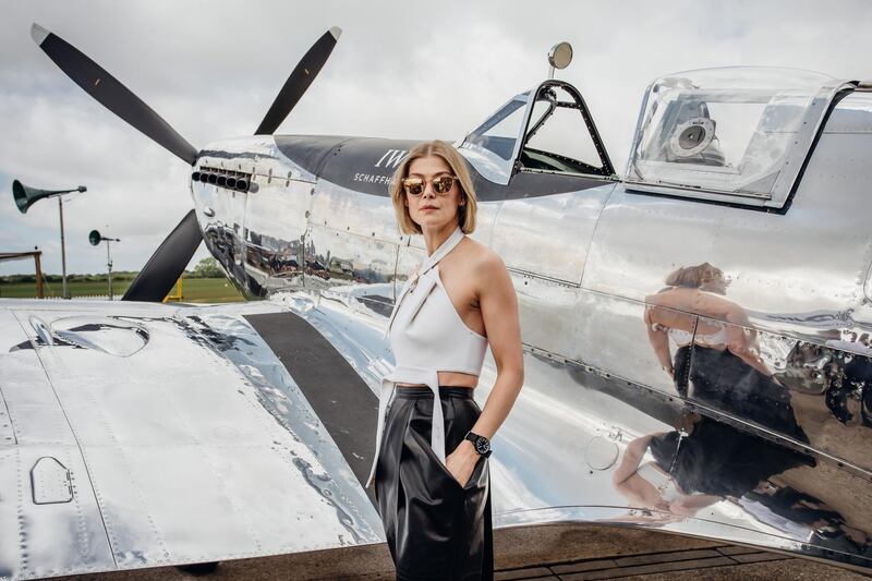 IWC brand ambassador Rosamund Pike attends the celebration of the official start of the Silver Spitfire - The Longest Flight expedition at Goodwood, on Monday. Remy Steiner / Getty Images for IWC