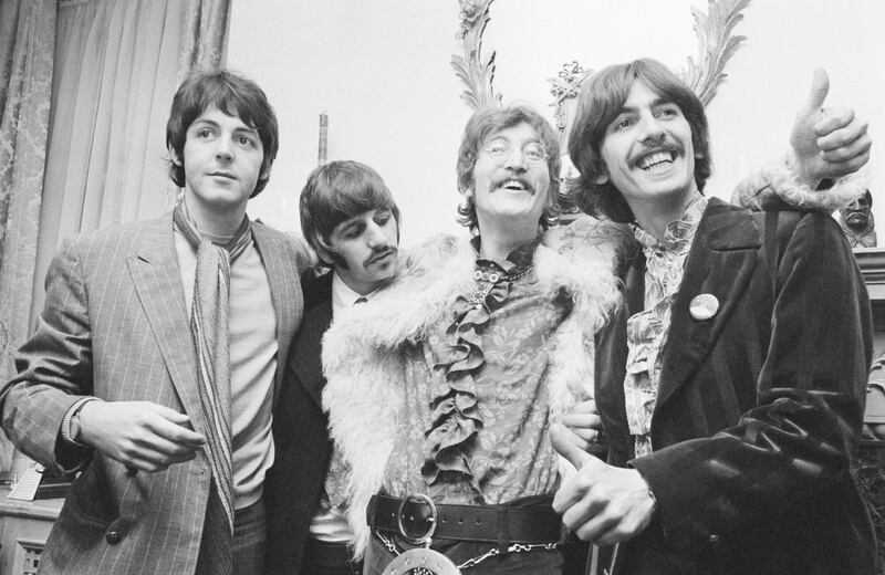 The Beatles at the press launch for their new album 'Sergeant Pepper's Lonely Hearts Club Band', held at Brian Epstein's house at 24 Chapel Street, London, 19th May 1967. Left to right: Paul McCartney, Ringo Starr, John Lennon (1940 - 1980) and George Harrison (1943 ���� 2001). (Photo by John Downing/Getty Images)