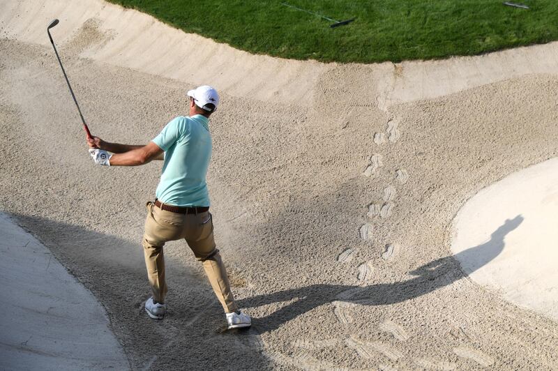 Nicolas Colsaerts hits a bunker shot during the second round of the DP World Tour Championship. Ross Kinnaird / Getty Images