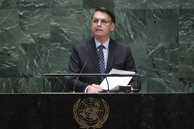 President of Brazil Jair Messias Bolsonaro addresses the United Nations General Assembly . AFP