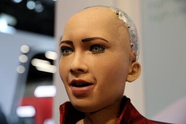 Hanson Robotics Inc. humanoid robot "Sophia" speaks to attendees on the opening day of the MWC Barcelona in Barcelona, Spain, on Monday, Feb. 25, 2019. Bloomberg