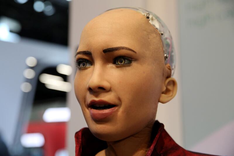 Hanson Robotics Inc. humanoid robot "Sophia" speaks to attendees on the opening day of the MWC Barcelona in Barcelona, Spain, on Monday, Feb. 25, 2019. At the wireless industry’s biggest conference, over 100,000 people are set to see the latest innovations in smartphones, artificial intelligence devices and autonomous drones exhibited by more than 2,400 companies. Photographer: Angel Garcia/Bloomberg