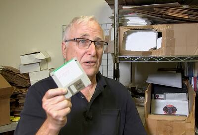 Tom Persky, owner of floppydisk.com and a disk trader, shows off one such item at his warehouse in Lake Forest, California. Reuters