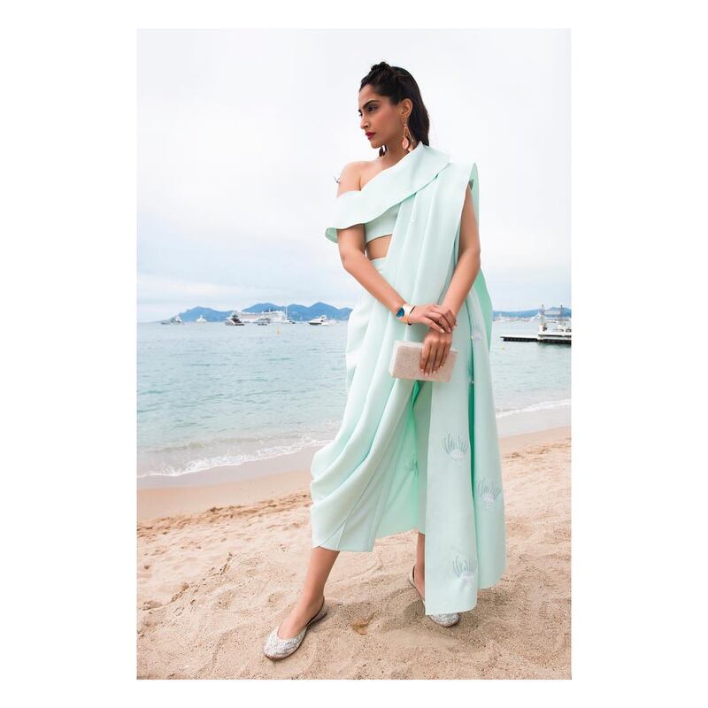 Sonam Kapoor in a Masaba Gupta custom cropped trouser sari at Cannes 2017. Photo: Instagram / rheakapoor