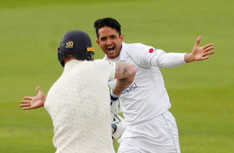 Mohammad Abbas celebrates taking the wicket of Ben Stokes. Reuters