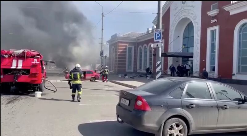 Smoke rises after Russian shelling at the railway station in Kramatorsk, in the Donbas region of Ukraine. AP