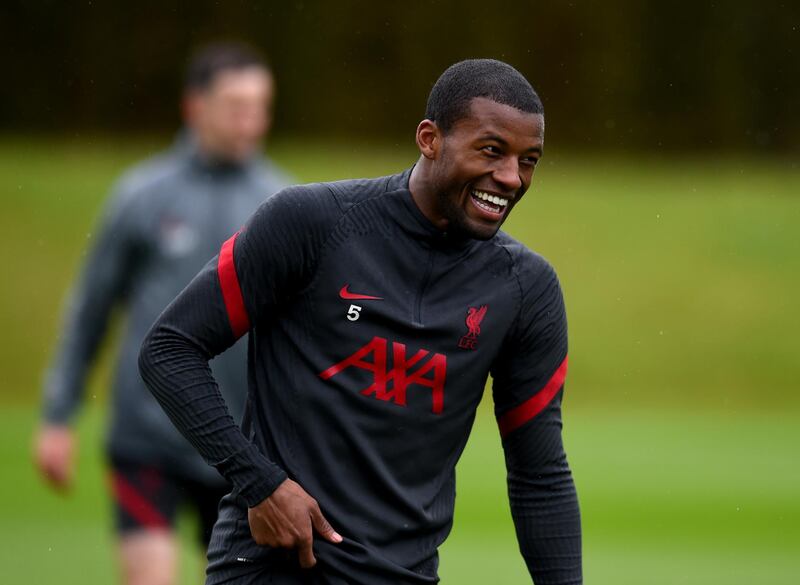 KIRKBY, ENGLAND - MAY 11: (THE SUN OUT, THE SUN ON SUNDAY OUT) Georginio Wijnaldum of Liverpool during a training session at AXA Training Centre on May 11, 2021 in Kirkby, England. (Photo by Andrew Powell/Liverpool FC via Getty Images)