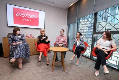 Dubai, United Arab Emirates - November 25, 2019: L-R Despo Michaelides, AXA Insurance, Debbie Kristansen, Novo Cinemas, Charles Haworth, Commercial director/ D&I leader GE renewable energy, Rachael Ellyard, Talent Leader MENA EY and Rebecca Jeffs, Serco Middle East. Panel discussion on women and the challenges they face at work. Monday, November 25th, 2017 at Rove Hotel, Abu Dhabi. Chris Whiteoak / The National