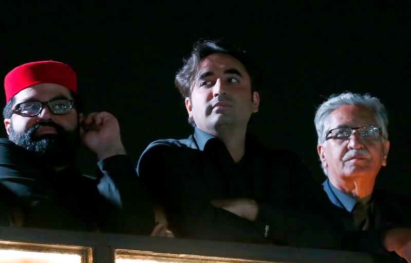 PPP chairman Bilawal Bhutto Zardari, centre, leads an anti-government rally in Islamabad. AP Photo