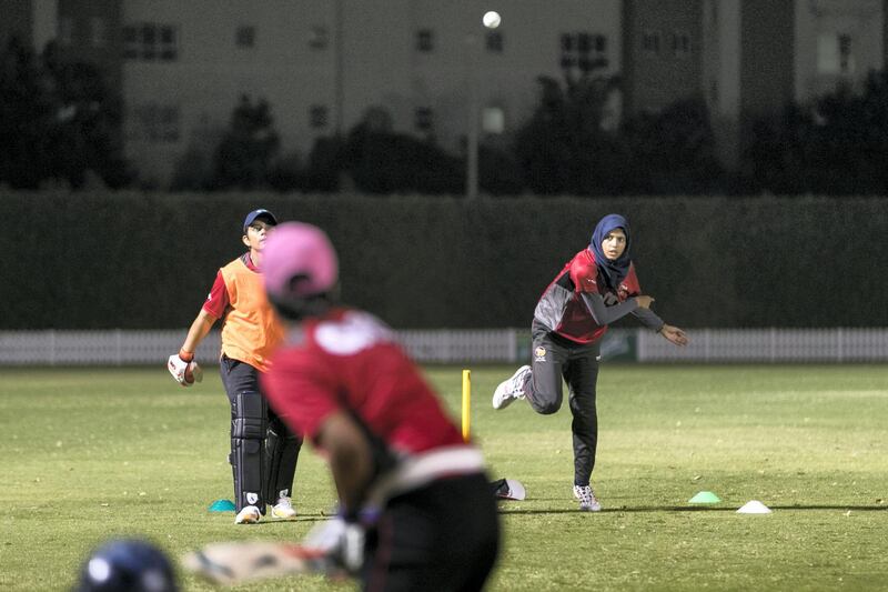 DUBAI, UNITED ARAB EMIRATES - NOV 14:

Humaira Tasneem, in a blue scarf, is training along her team for the World T20, Asia Qualifier, in Thailand next week.

(Photo by Reem Mohammed/The National)

Reporter: PAUL RADLEY
Section: SP