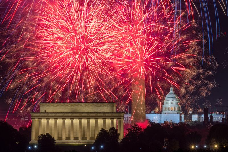 Fireworks on the National Mall above the Lincoln Memorial, Washington Monument and the US Capitol building during last year's Independence Day celebrations. AP