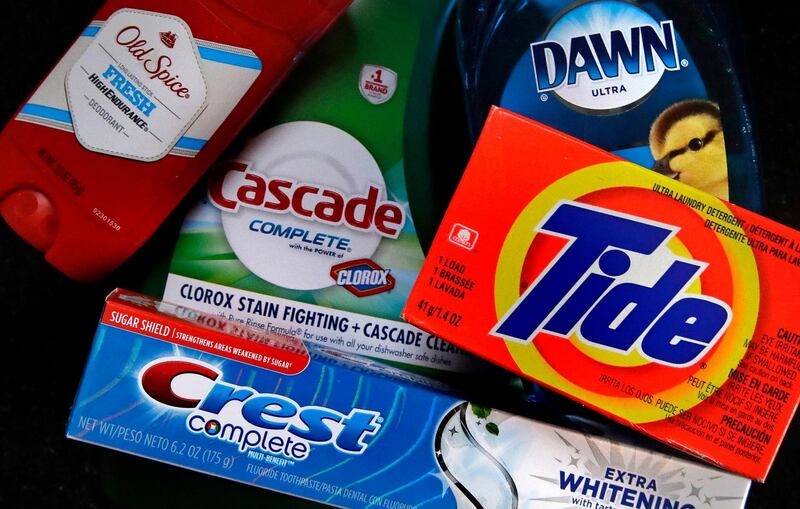 FILE- In this June 15, 2018, file photo a variety of Procter & Gamble products rest on a counter in East Derry, N.H. Procter & Gamble Co. reports earnings Friday, Oct. 19. (AP Photo/Charles Krupa, File)