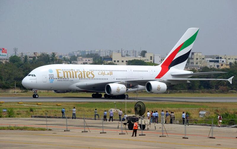 An Emirates Airline Airbus A380 taxis after landing at Begumpet airport in Hyderabad. AFP