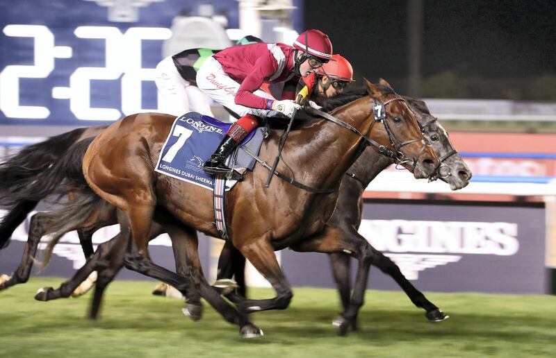 DUBAI , UNITED ARAB EMIRATES , MARCH 27  – 2021 :-  MISHRIFF       (IRE) ridden by DAVID EGAN  ( no 7  ) won the 8th  horse race Longines Dubai Sheema Classic 2410m Turf    during the Dubai World Cup held at Meydan Racecourse in Dubai. ( Pawan Singh / The National ) For News/Sports/Instagram/Big Picture. Story by Amith