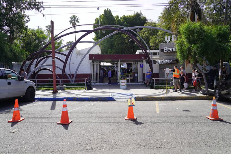 The entrance to Unidad Deportiva Benito Juarez, where hundreds of Ukrainian refugees are staying.