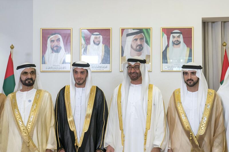 ABU DHABI, UNITED ARAB EMIRATES - November 27, 2018: HH Sheikh Mohamed bin Zayed Al Nahyan, Crown Prince of Abu Dhabi and Deputy Supreme Commander of the UAE Armed Forces (2nd R) and HH Sheikh Mohamed bin Rashid Al Maktoum, Vice-President, Prime Minister of the UAE, Ruler of Dubai and Minister of Defence (L), attend the wedding reception of HH Sheikh Mohamed bin Khalifa bin Khaled Al Nahyan (3rd L), at The St Regis Saadiyat Island Resort. Seen with HH Sheikh Hamdan bin Mohamed Al Maktoum, Crown Prince of Dubai (R).

( Mohamed Al Hammadi / Ministry of Presidential Affairs )
---