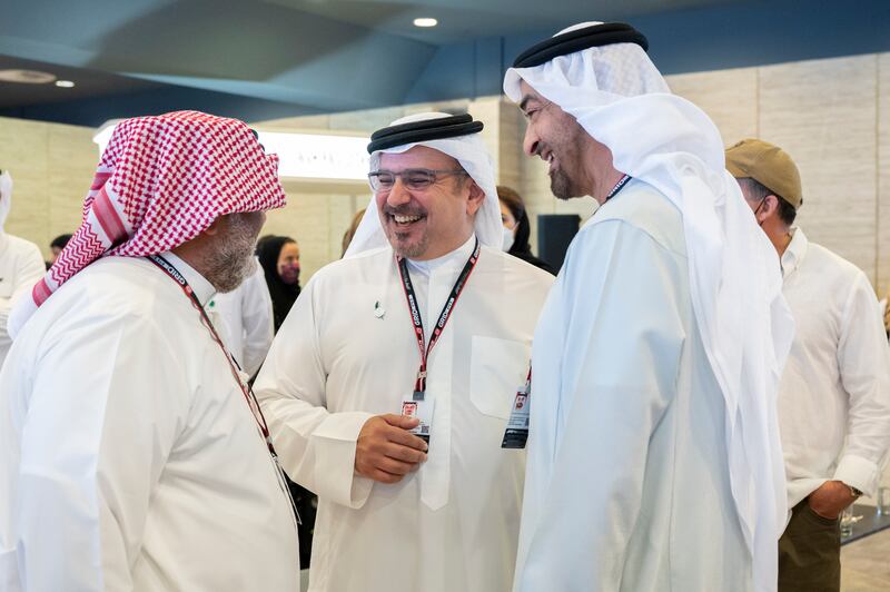 Sheikh Mohamed bin Zayed, Crown Prince of Abu Dhabi and Deputy Supreme Commander of the Armed Forces, speaks with Bahraini Crown Prince Salman bin Hamad at the Paddock Club on the last day of the 2021 Formula 1 Etihad Airways Abu Dhabi Grand Prix at Yas Marina Circuit. Photo: Ministry of Presidential Affairs