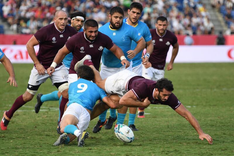 Action from the 2019 Rugby World Cup Pool D match between Georgia and Uruguay at the Kumagaya Rugby Stadium. AFP