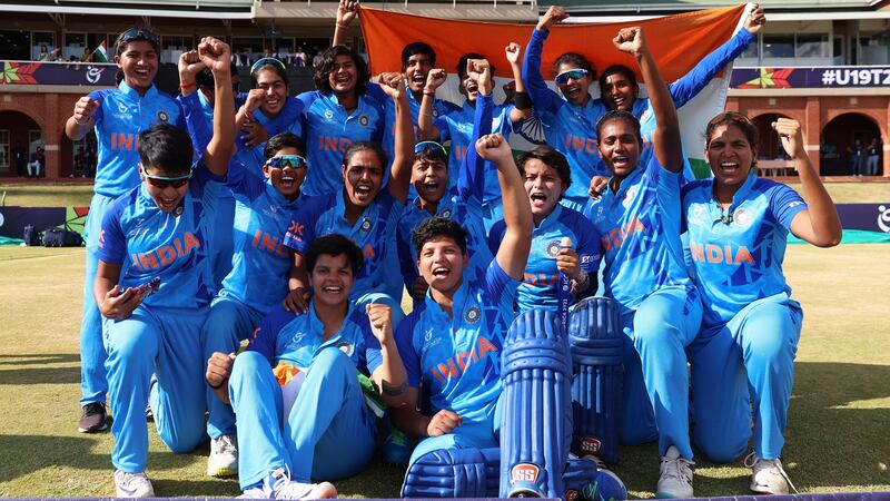 India players team after winning the women's U19 World Cup final against England in Potchefstroom on Sunday, January 29, 2023. Photo: ICC