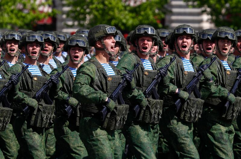 Russian troops march in Moscow. Questions have been raised over whether Russia will have enough reserves to prevent a major Ukraine breakthrough. EPA