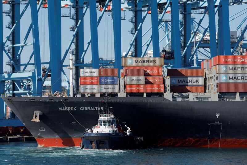 The Maersk Gibraltar, seen in the port of Algeciras in Spain, was involved in a 'near-miss' incident in the Red Sea as a result of a missile attack from Yemeni Houthi rebels. Reuters