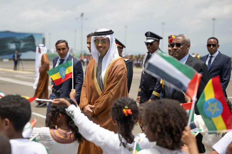 Sheikh Mansour bin Zayed, Vice President, Deputy Prime Minister and Minister of the Presidential Court, is welcomed by children at Addis Ababa Bole International Airport