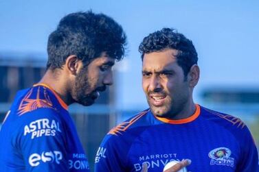 Jasprit Bumrah and Zahoor Khan trade notes at training in Abu Dhabi. Courtesy Mumbai Indians