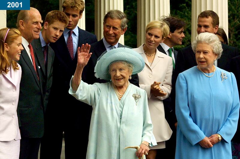 2001: The queen and other members of the royal family appear with the Queen Mother during celebrations to mark her 101st birthday in London.