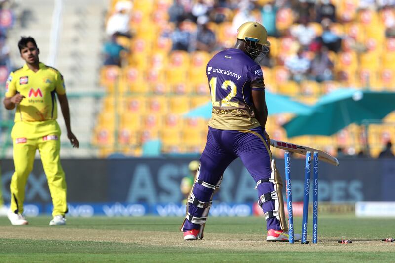 Andre Russell of Kolkata Knight Riders gets clean bowled by Shardul Thakur. Sportzpics for IPL