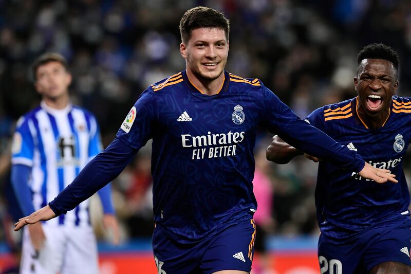 Real Madrid's Luka Jovic celebrates with Vinicius Junior, right, after scoring. (AP Photo