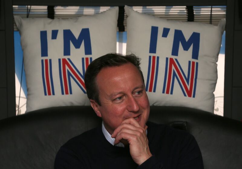 Mr Cameron travels on his campaign bus on the final day of campaigning in June 2016 as the country prepares to go to the polls to decide whether Britain should remain or leave the European Union