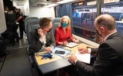 Britain's Foreign Secretary Liz Truss travels on a train from Penn Station in New York to Washington DC during a visit to the United States. PA