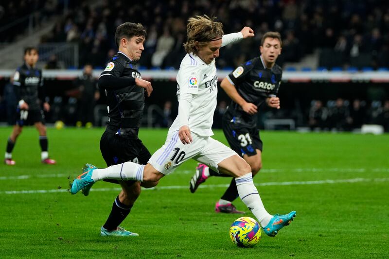 Real Madrid midfielder Luka Modric takes a shot on goal. AP