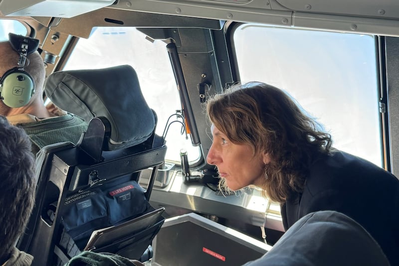 Deike Potzel, Germany’s Special Envoy for Middle East Humanitarian Issues, on board a German military plane that parachuted aid into northern Gaza on April 21, 2024. Photo: German Embassy, Amman