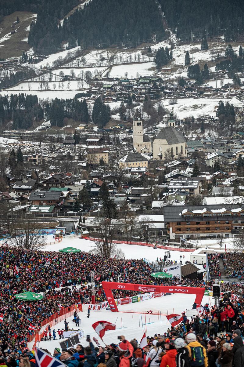 Austria's Marco Schwarz crosses the finish line during the second run of the men's slalom race at the World Cup event in Kitzbuehel, on Sunday, January 26. EPA